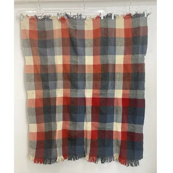 Faribault Woolen Mill Blanket Throw Plaid Fringed Blue Orange Cream FLAWS USA Wo - Picture 5 of 11